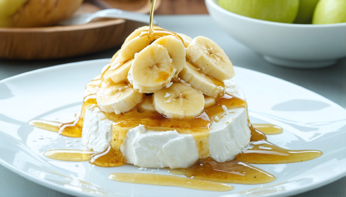 découvrez une recette savoureuse alliant la douceur de la banane et du fromage frais, relevée par un nectar délicat de pomme et miel pour un délice onctueux irrésistible.