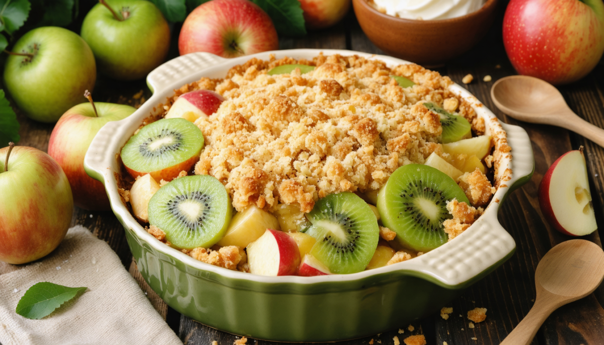 découvrez la recette simple et gourmande du crumble maison aux pommes et kiwis, un dessert fruité et croustillant parfait pour toutes les occasions.