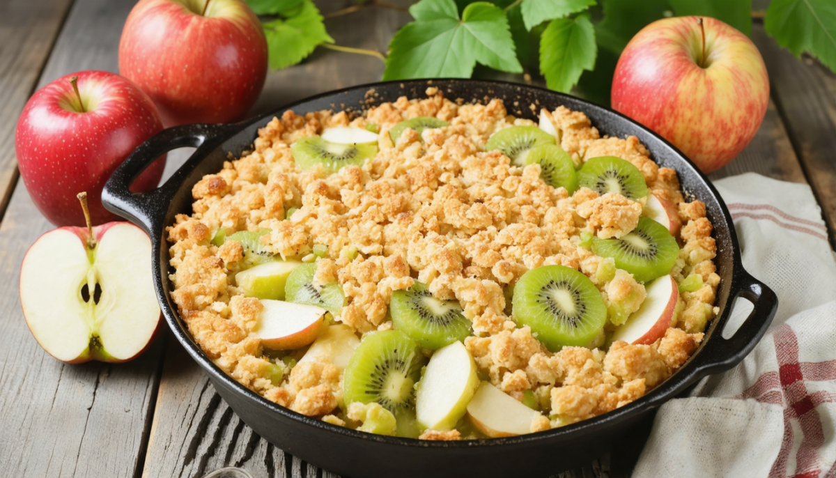 découvrez notre recette simple et gourmande de crumble maison aux pommes et kiwis, idéale pour un dessert fruité et savoureux à partager en famille.