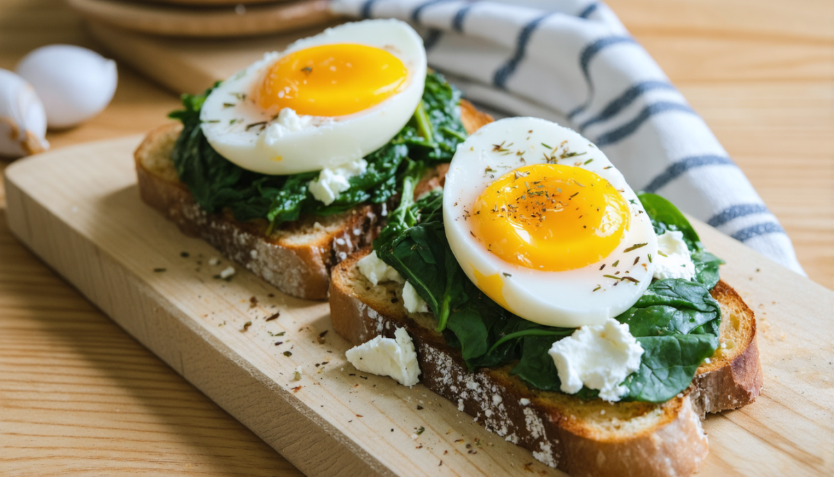 savourez une tartine gourmande aux épinards, œuf mollet et fromage frais, facile et rapide à préparer pour un repas sain et délicieux.