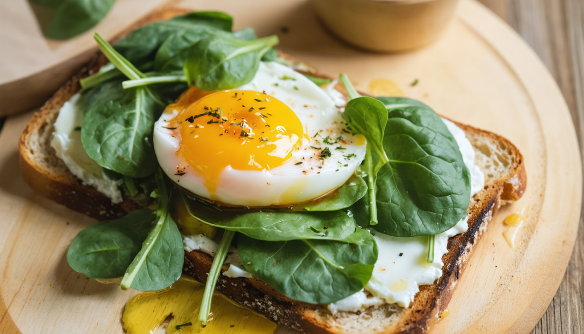 savourez une tartine gourmande aux épinards frais, œuf mollet fondant et fromage frais, prête en quelques minutes pour un repas sain et délicieux.