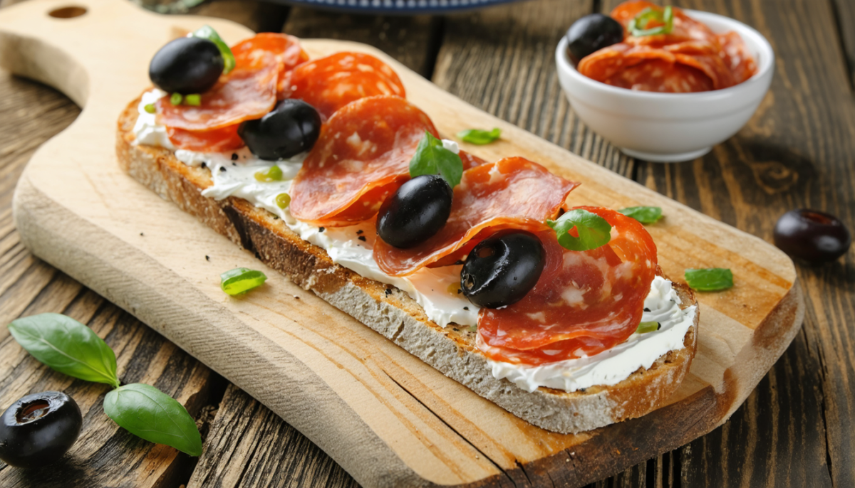 savourez une tartine gourmande alliant fromage frais onctueux, olives savoureuses et chorizo épicé, idéale pour un repas rapide et délicieux.