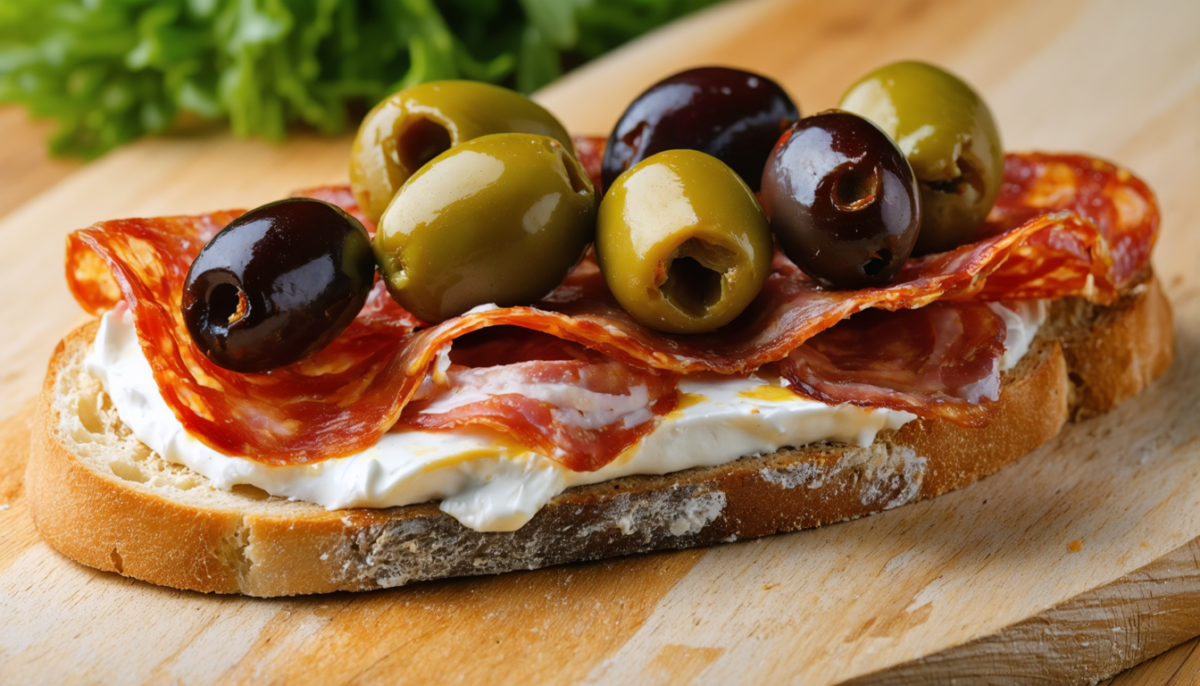 savourez une délicieuse tartine gourmande au fromage frais, olives savoureuses et chorizo épicé, parfaite pour un apéritif ou un encas plein de saveurs.