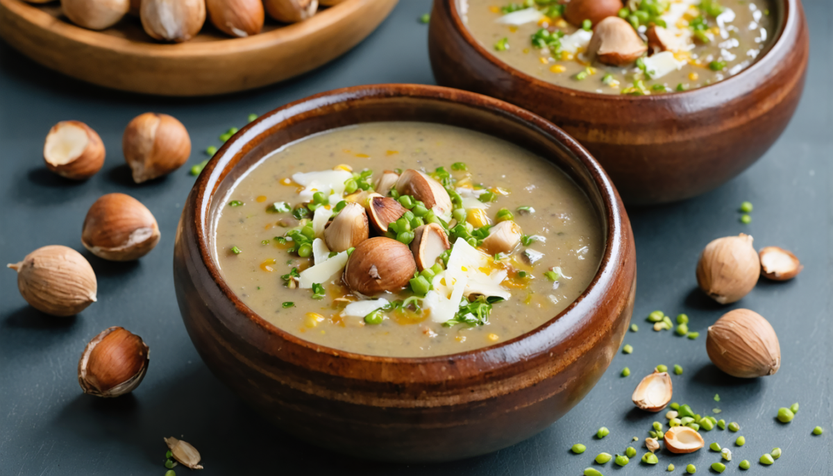 savourez notre soupe onctueuse aux champignons, relevée par des noisettes grillées croquantes et un fromage fondant, parfaite pour réchauffer vos soirées d'automne.