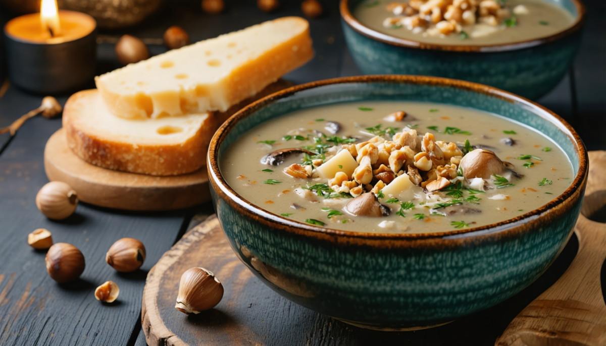 savourez l'automne avec notre soupe onctueuse aux champignons, agrémentée de noisettes grillées croustillantes et de fromage fondant pour un réconfort gourmand et chaleureux.