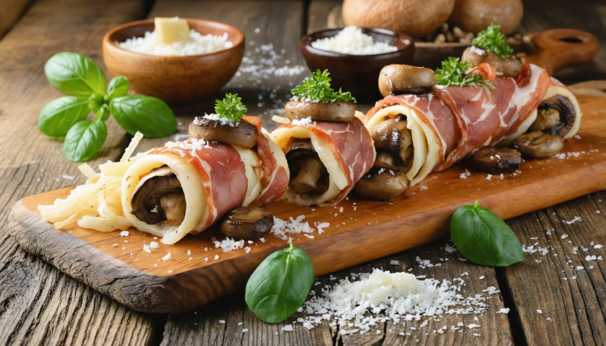 découvrez notre recette de délice feuilleté : de savoureux involtini garnis de guanciale, champignons délicats et pecorino fondant, pour un plaisir gourmand et raffiné.