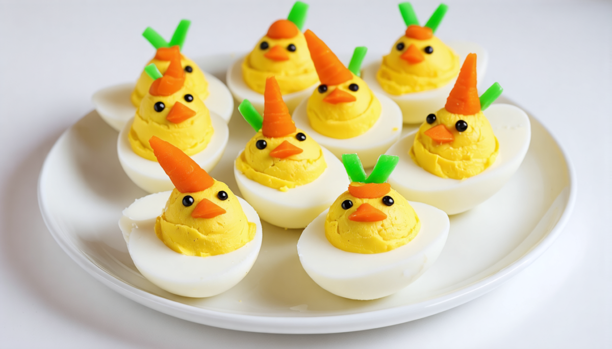 découvrez nos poussins de pâques, de délicieuses bouchées d'œufs mimosa garnies de fromage frais, parfaites pour un apéritif festif et gourmand.
