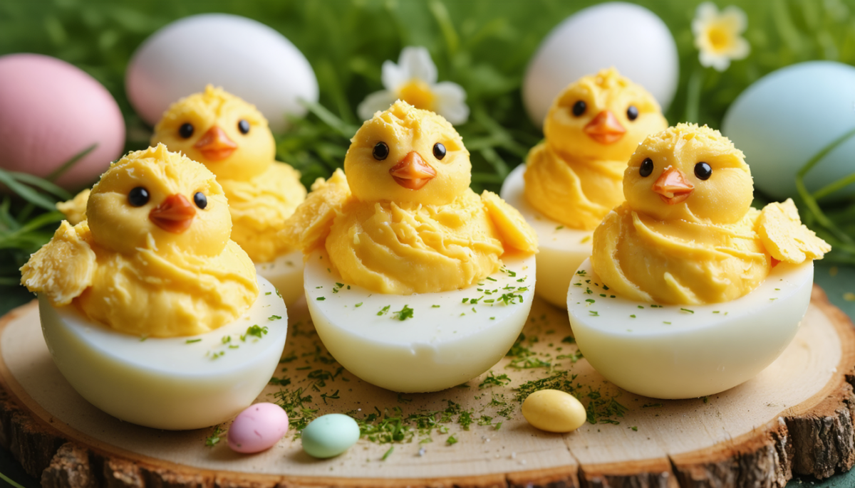 découvrez nos poussins de pâques, de délicieuses bouchées d'œufs mimosa garnies de fromage frais, parfaites pour vos fêtes printanières.