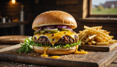 Délicieux burger végétarien au fromage fondant et oignons marinés savoureux