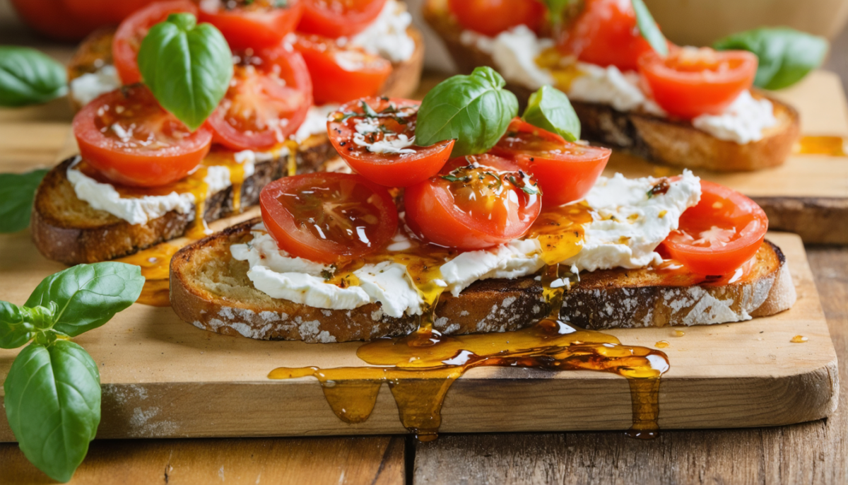 découvrez nos bruschettas légères aux tomates fraîches, chèvre fondant et miel épicé caramélisé au four, une recette savoureuse et facile à préparer pour un apéritif gourmand et original.