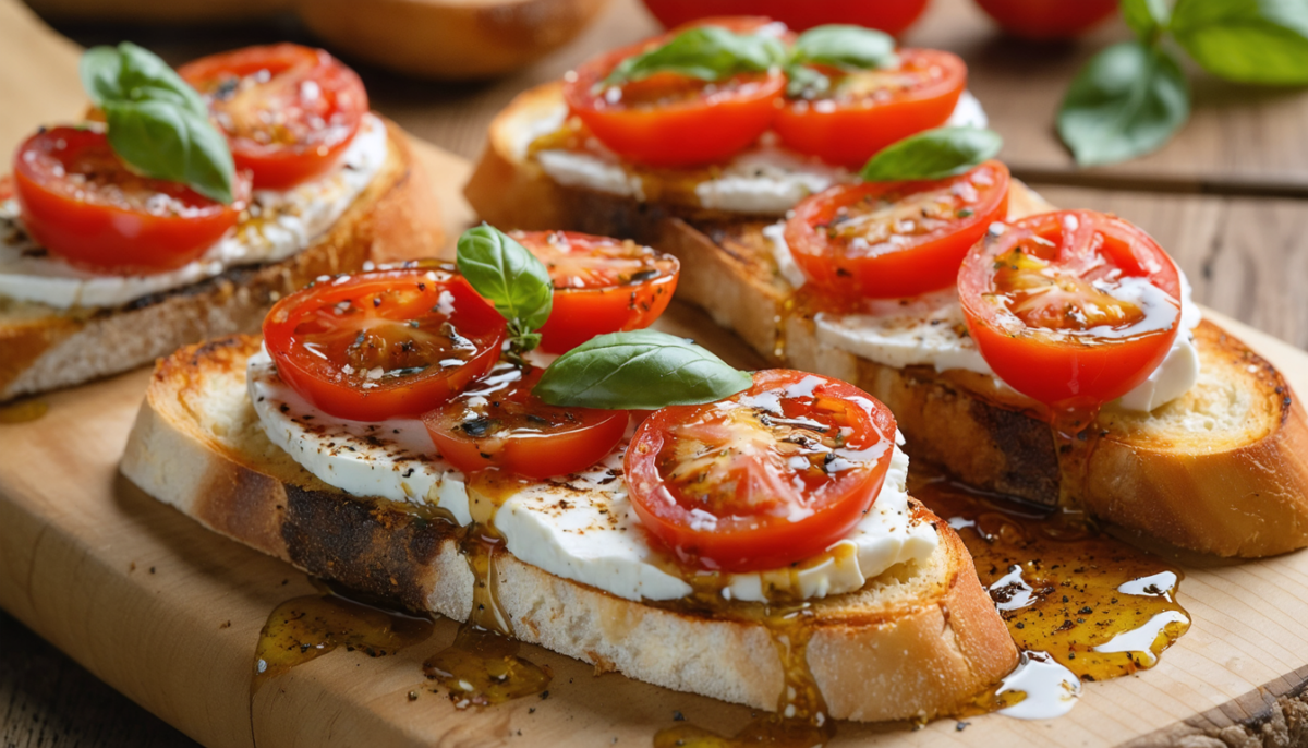 découvrez nos bruschettas légères aux tomates fraîches, chèvre fondant et miel épicé caramélisé au four, une recette savoureuse et gourmande parfaite pour vos apéritifs.