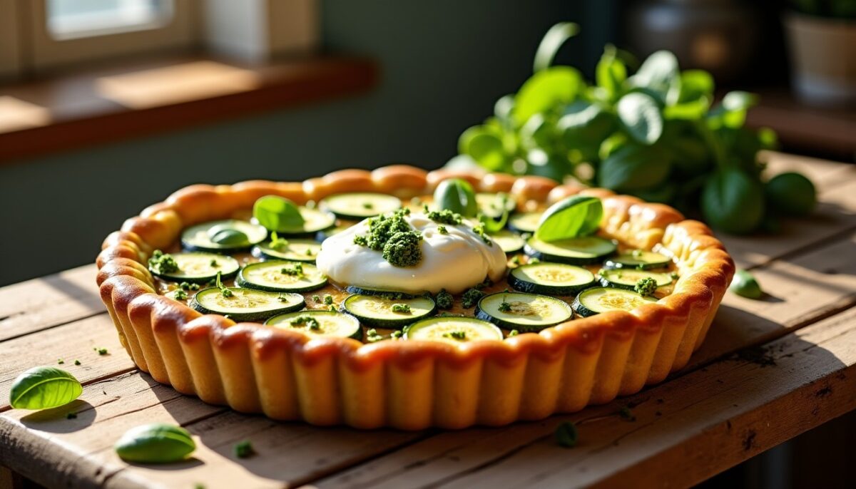 Délicieuse Tarte Express aux Courgettes, Burrata Fondante et Sauce Crème de Pesto