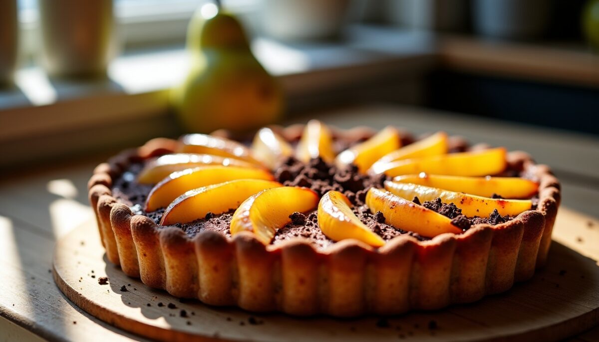 Délice léger : tarte aux poires au sirop et éclats de chocolat fondant