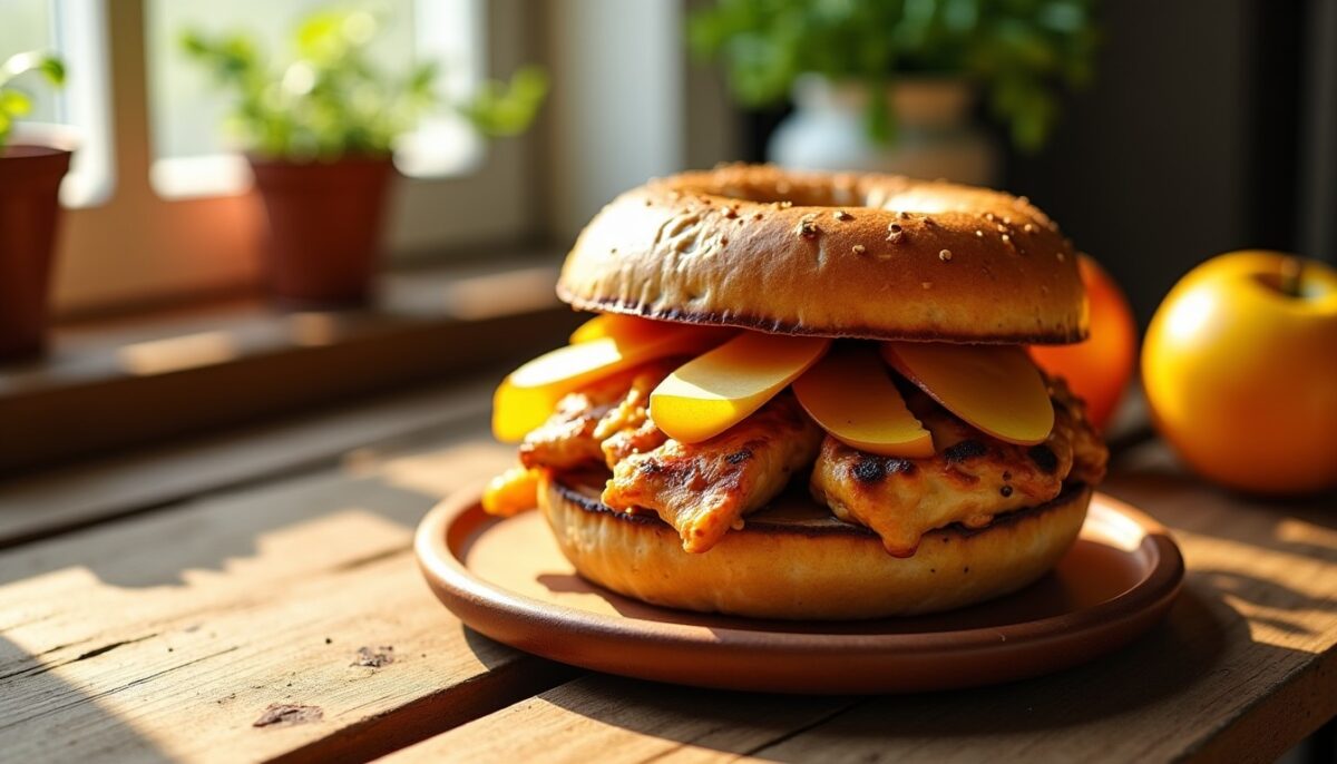 Délicieux bagels garnis au poulet, pommes croquantes et fromage fondant