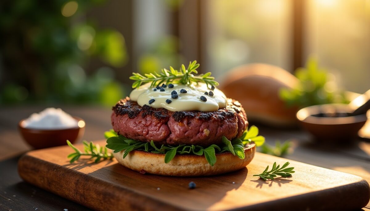 Délice gourmet : Hamburger de canard mi-fumé accompagné de son fromage bleu fondant