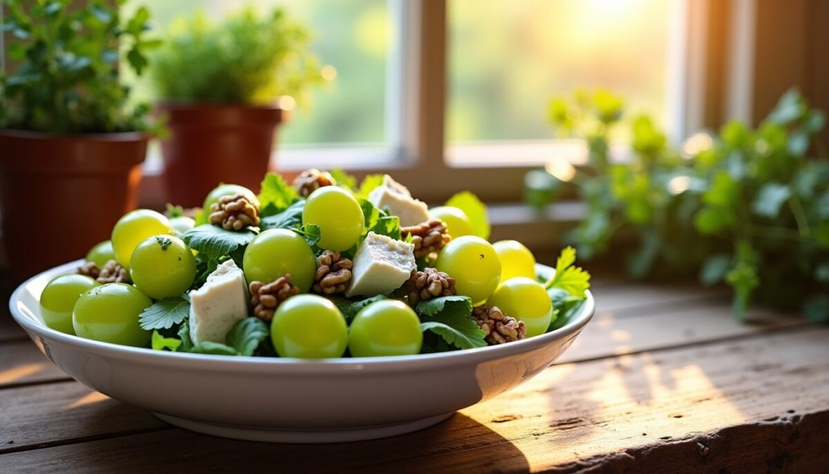 Délice croquant : salade fraîche aux raisins, noix et fromage de brebis