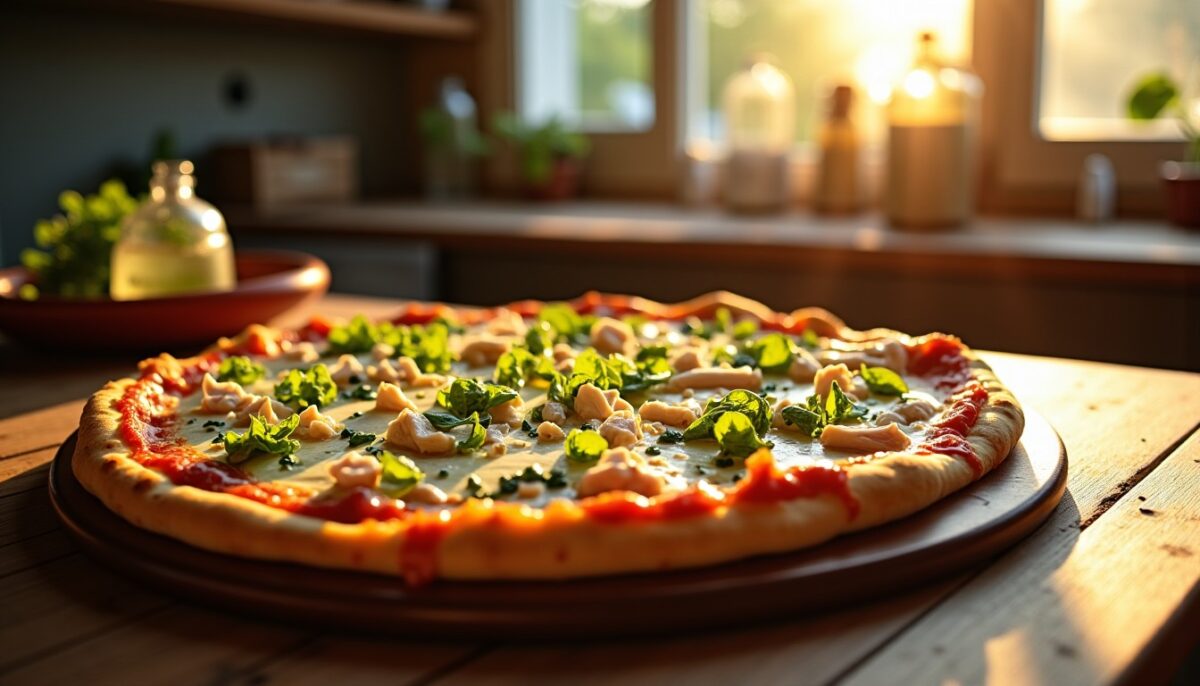 Délice Estival : Pizza au Bleu, Poulet Fumé et Oignons Nouveaux – Une Recette Pleine de Saveurs