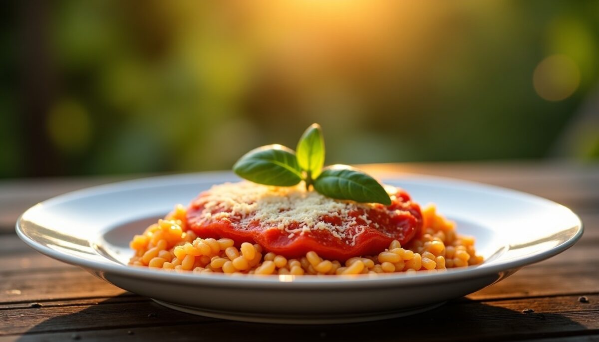 Risotto léger nappé d'une sauce tomate fraîche et parmesan fondant