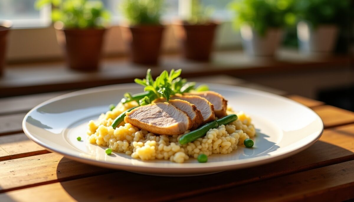 Poulet émincé et risotto crémeux aux haricots verts et fromage frais