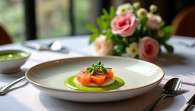 Délicates corolles de truite fumée sur lit de fromage frais, accompagnées d’un velouté de petits pois relevé à la roquette