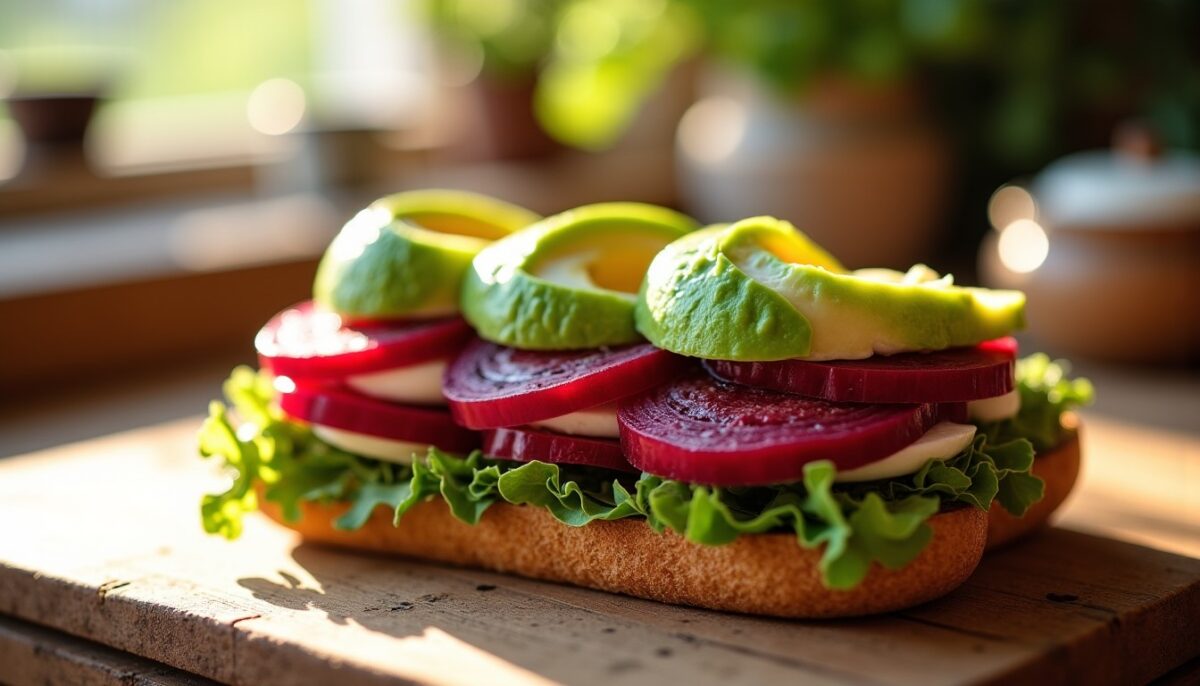 Savourez un sandwich gourmand : avocat onctueux, betterave fraîche et fromage frais