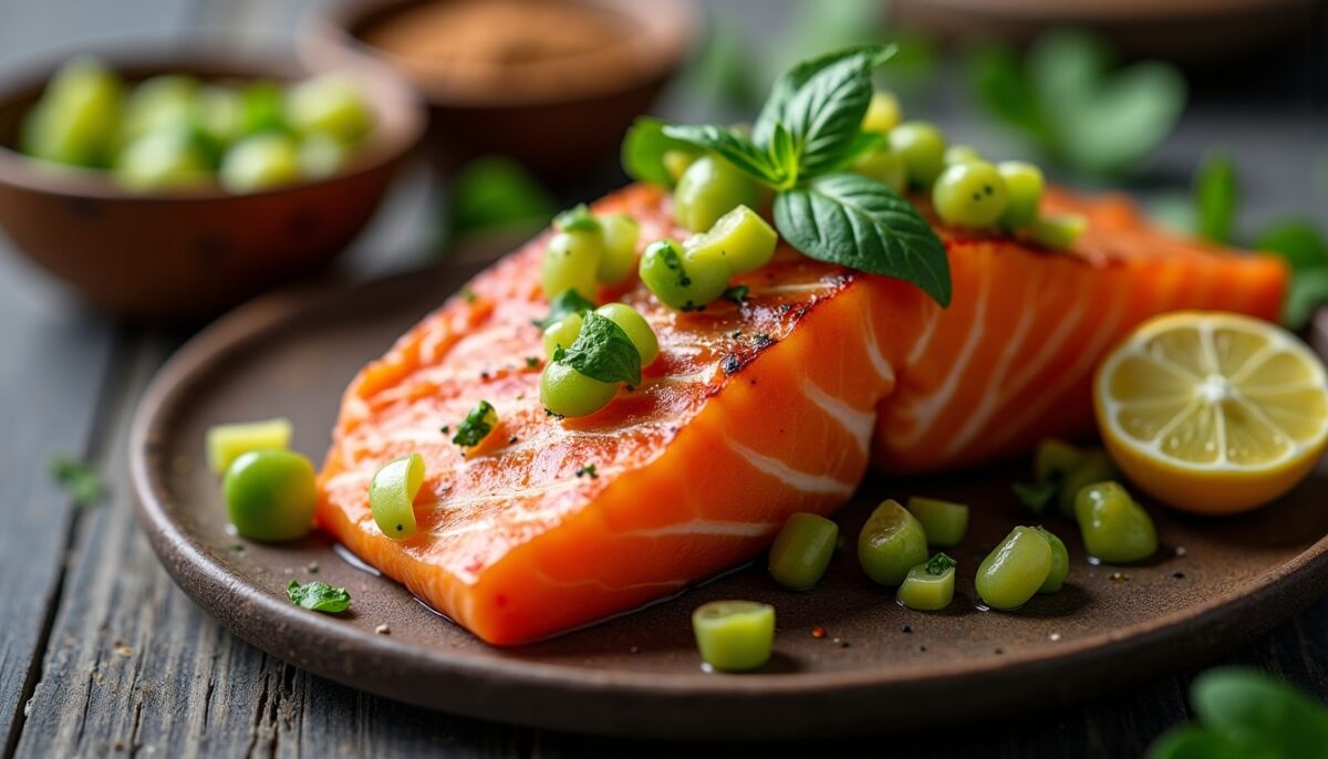 Délicieux saumon grillé accompagné d’une salsa fraîche mangue et avocat