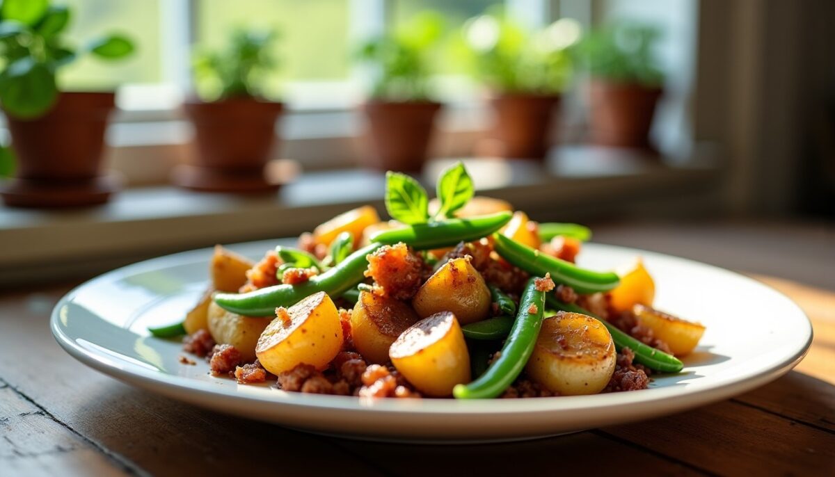 Sauté croustillant de pommes de terre aux lardons et pois gourmands, une recette légère et savoureuse