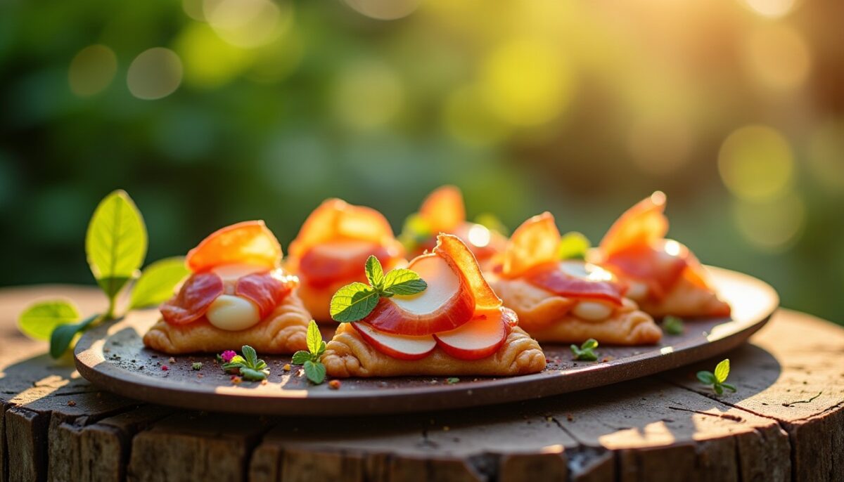 Délicates aumônières estivales : pomme croquante, mozzarella fondante et jambon sec savoureux