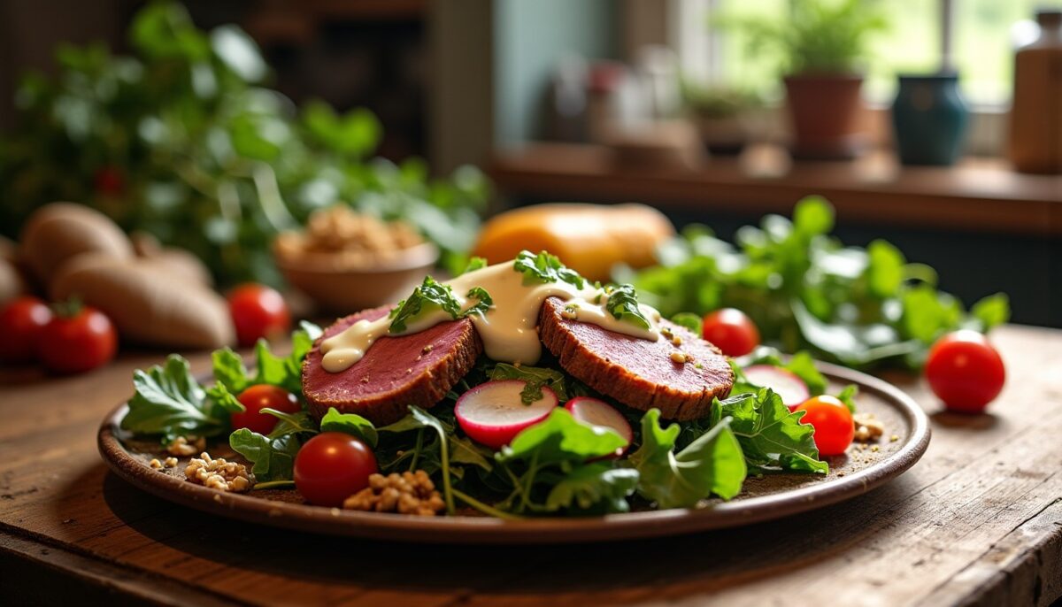 Délice croquant : salade gourmande au magret de canard fumé et sa sauce onctueuse au fromage frais