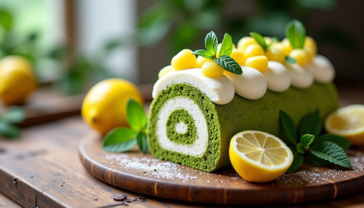 Délice roulé au thé matcha, nappé d'une crème légère au citron