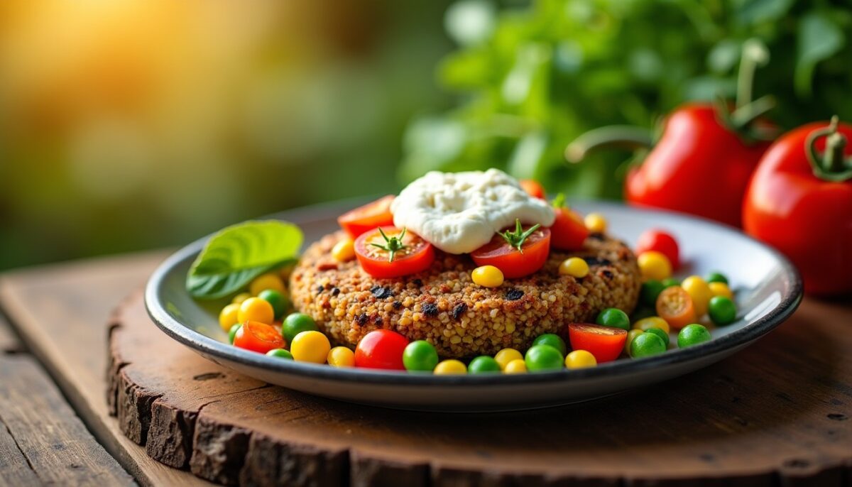 Délice Croquant : Galette de Quinoa aux Légumes Colorés et Fromage de Chèvre Frais