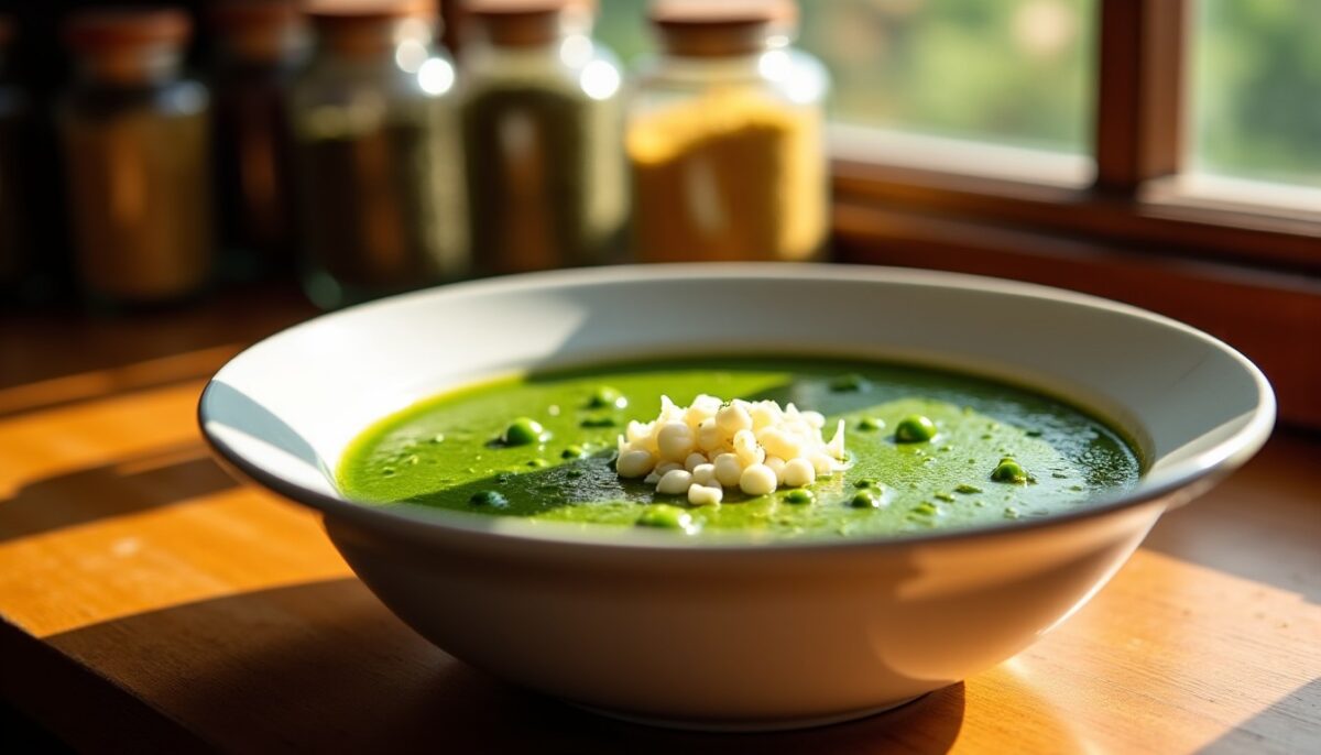 Délice Vert : Soupe Veloutée d’Épinards aux Cosses de Petits Pois et Fromage Frais
