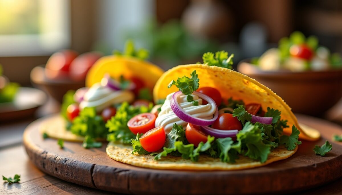 Délice végétarien : Tacos onctueux au fromage fouetté pour un festin gourmand