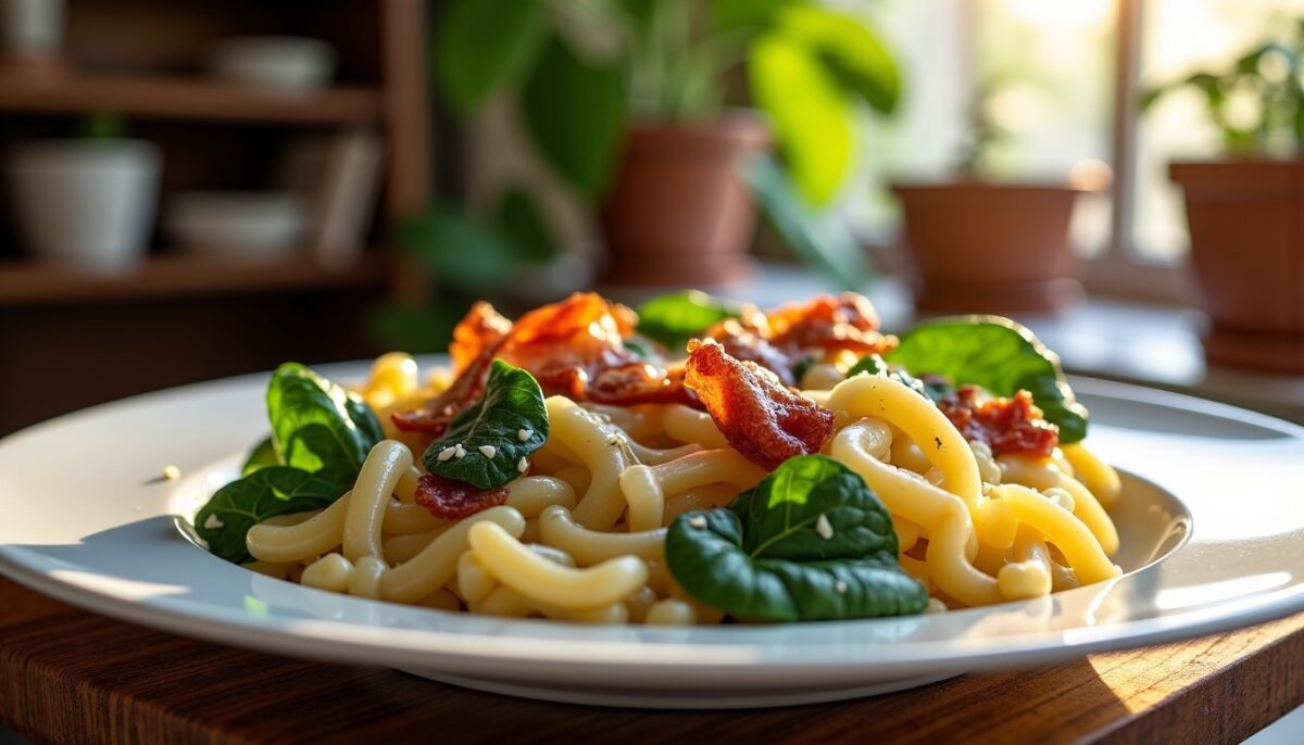 Délicieuse recette de pâtes aux épinards et bacon nappées d'une onctueuse sauce au fromage bleu