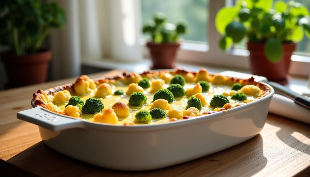 Délicieux gratin léger de brocoli, chou-fleur et comté à la sauce béchamel onctueuse