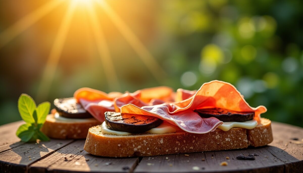 Délice Croquant : Toasts Gourmands au Jambon Cru, Fromage de Brebis et Aubergine Grillée