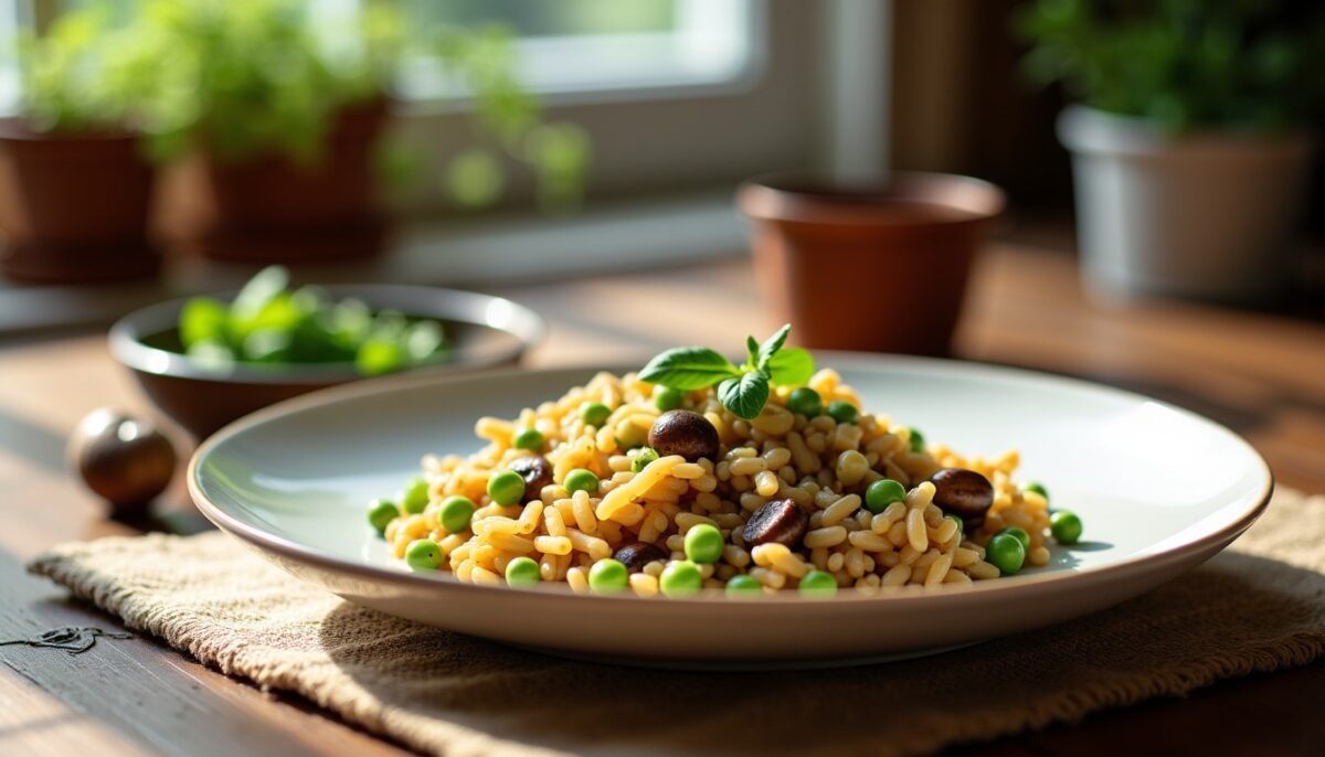 Délice léger : Orzo sauté aux champignons et petits pois frais