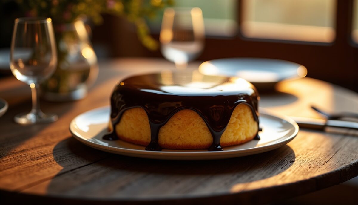 Délice léger : gâteau au yaourt enveloppé d'un nappage fondant au chocolat noir pour une soirée gourmande