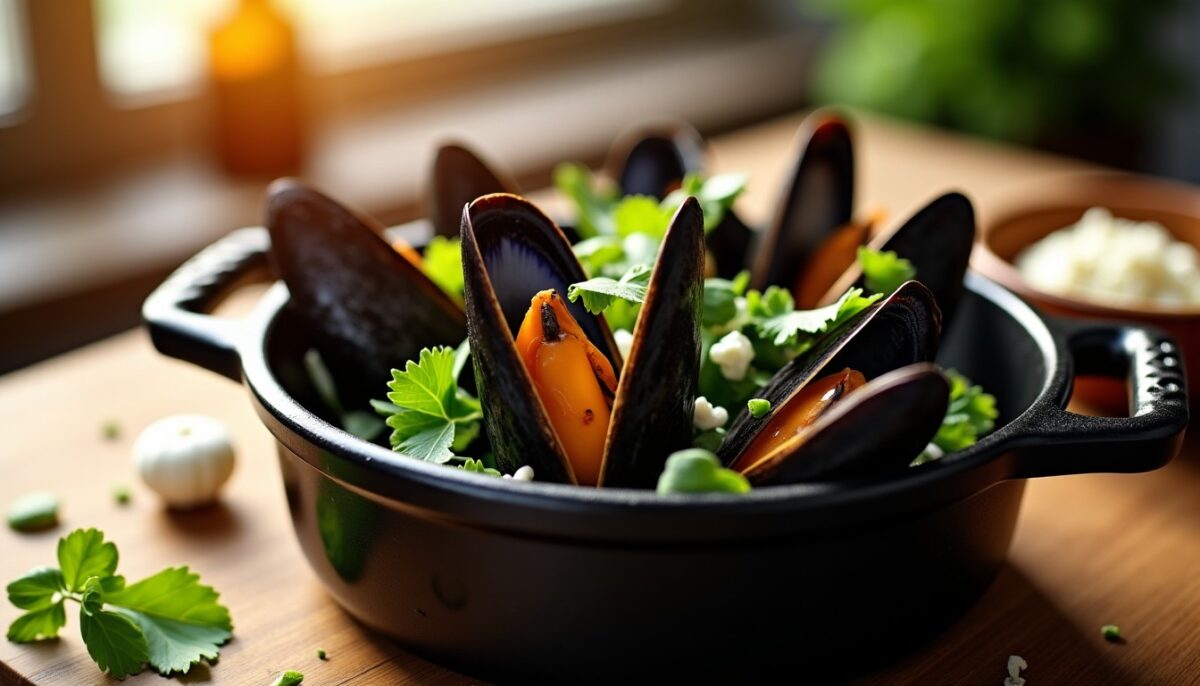 Délice en cocotte : Moules parfumées au céleri et fromage bleu, une recette gourmande à savourer