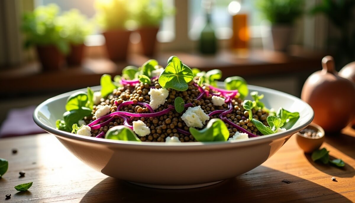 Délicieuse salade gourmande : lentilles, chou rouge croquant et chèvre fondant