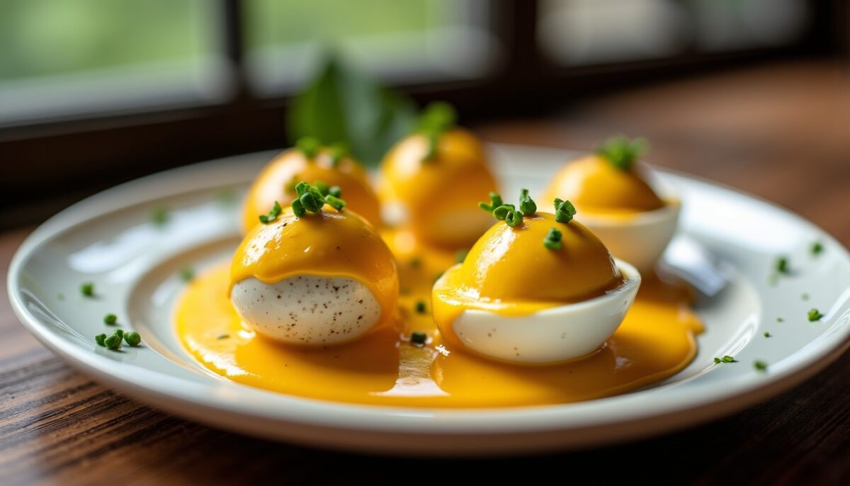 Délicieux œufs de caille nappés d'une sauce au fromage frais et ciboulette : recette gourmande