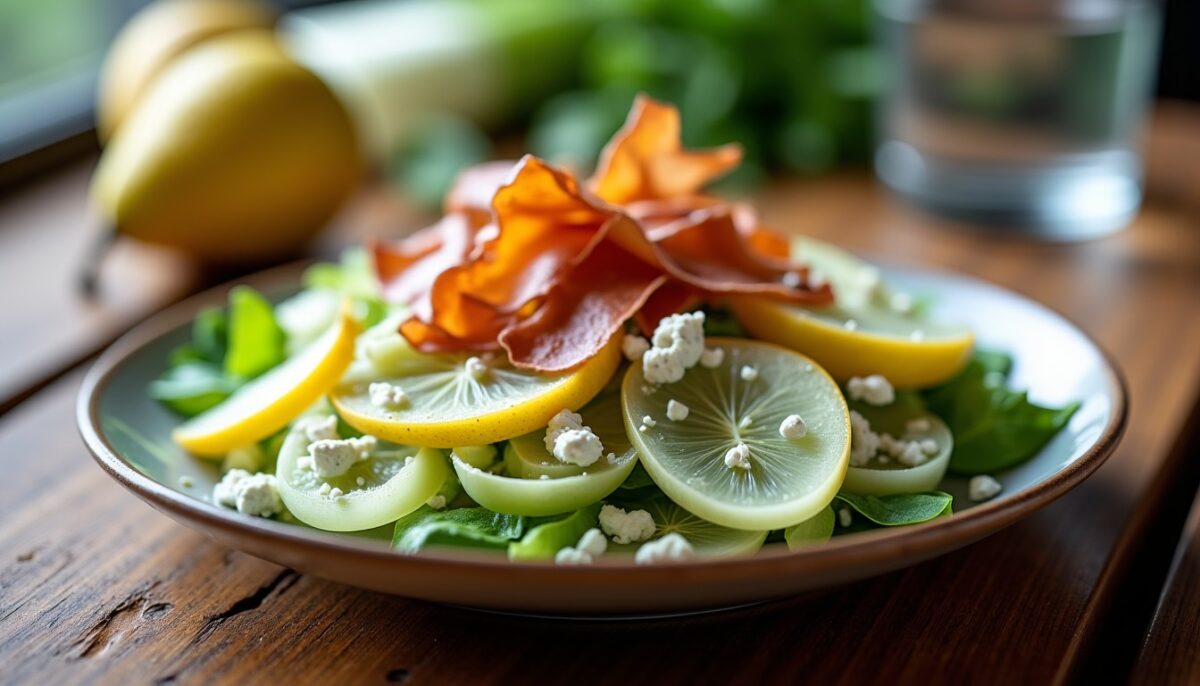 Salade croquante de fenouil au fromage bleu, poire juteuse et pancetta dorée