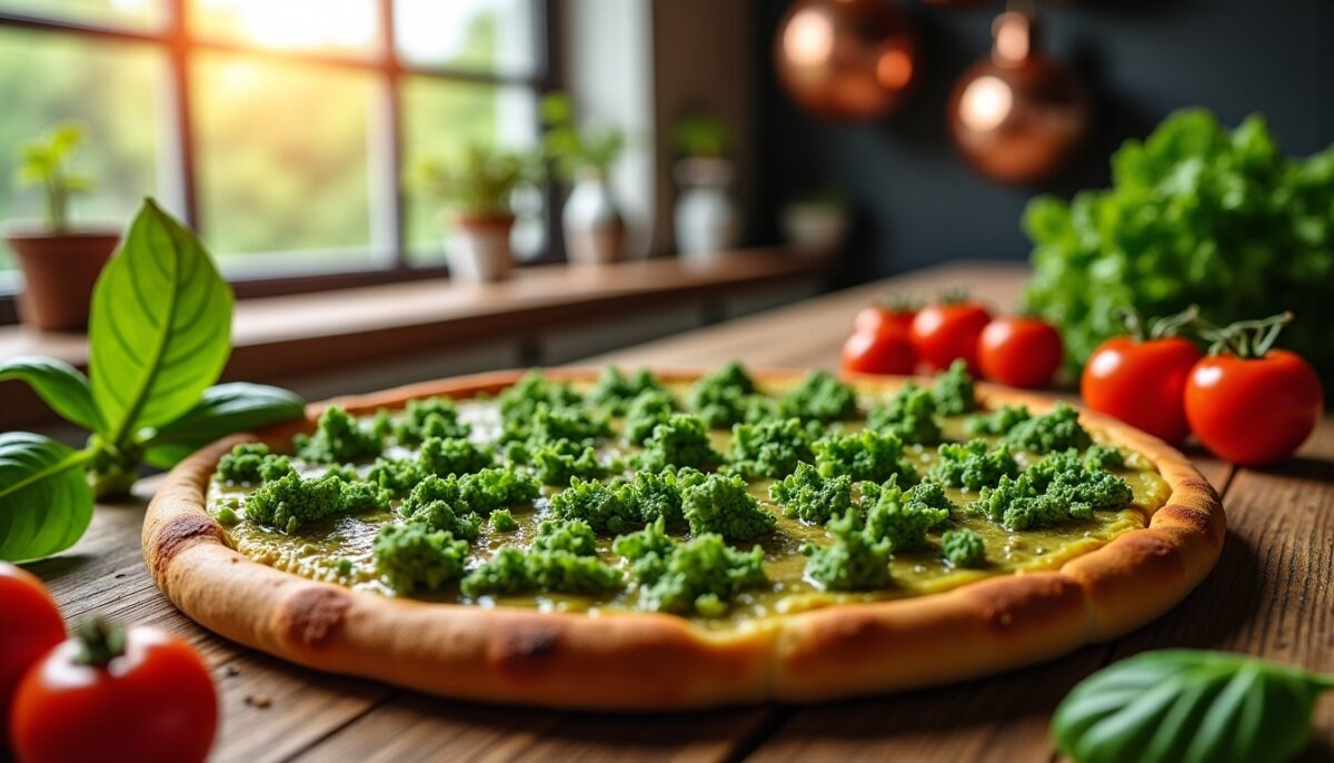 Délice Vert : Pizza légère au pesto d’épinards sur une croûte croustillante de brocoli