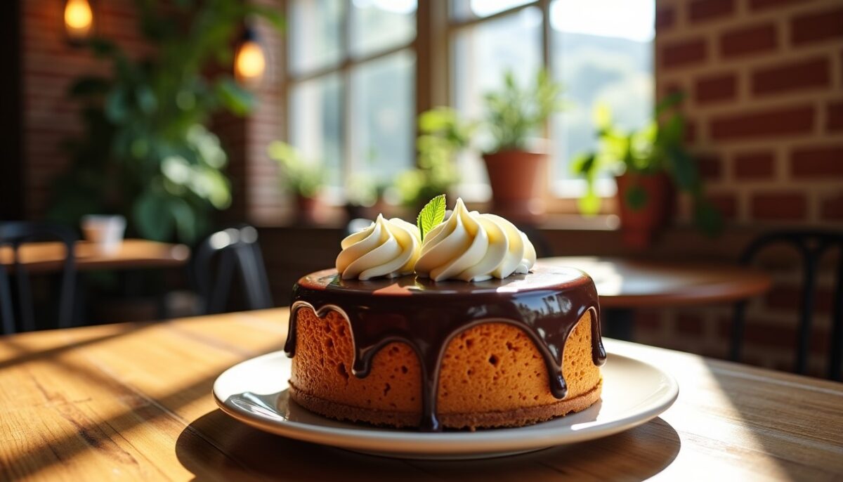 Délice Café : Gâteau moelleux garni de cream cheese allégé et nappé d'une ganache au chocolat légère