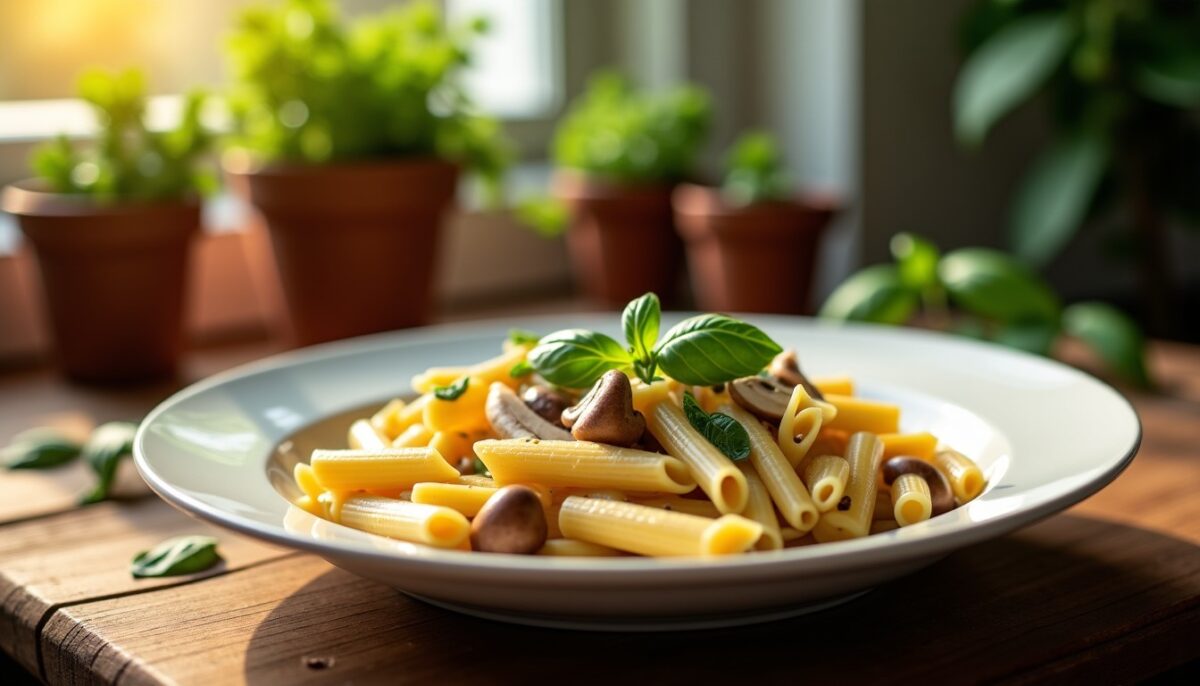Délicieuses pennes à la crème légère, sublimées aux champignons frais et au basilic parfumé