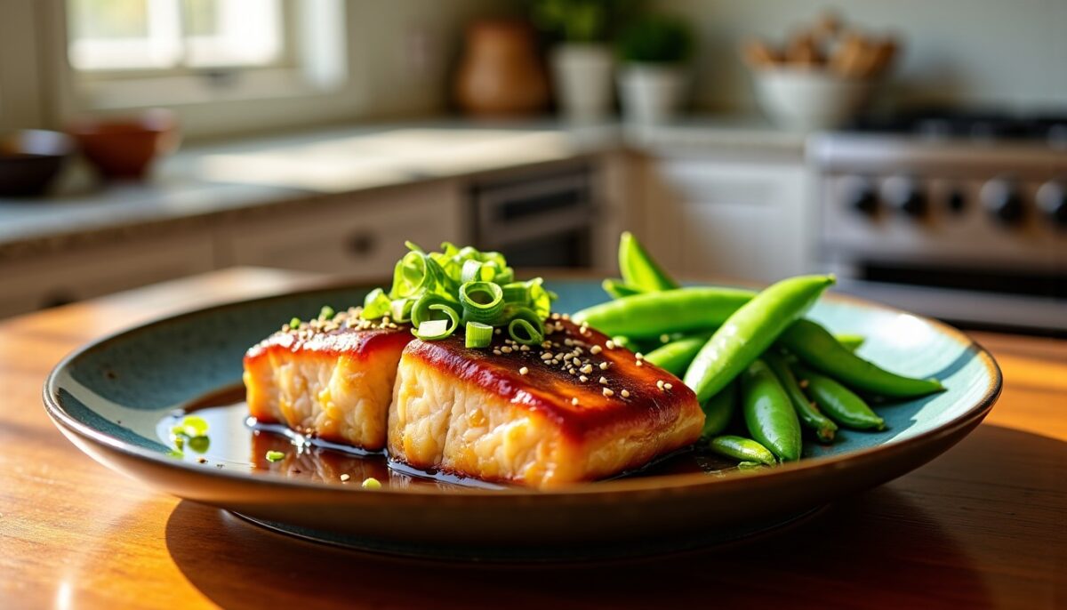 Délices de cabillaud teriyaki accompagnés de pois gourmands croquants