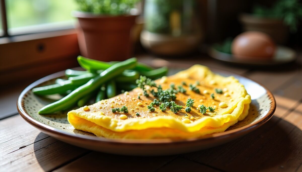 Omelette légère parfumée au thym et aux haricots verts croquants