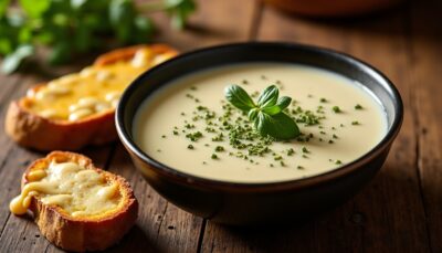 Délice onctueux : Velouté de chou-fleur accompagné de sa bruschetta au fromage fondant