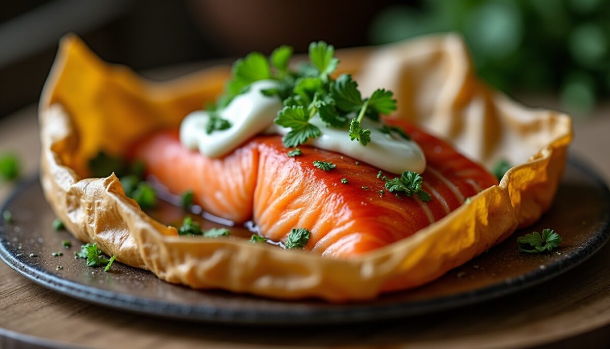Saumon en papillote aux herbes aromatiques et fromage frais fondant