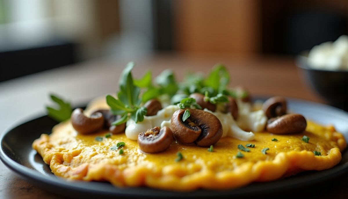 Délicieuse omelette aux champignons savoureux et fromage frais fondant